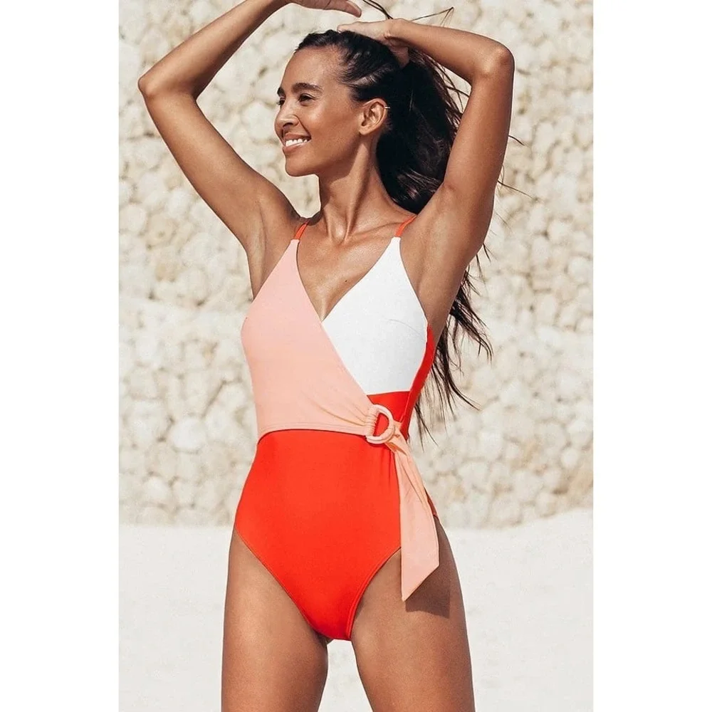 Cupshe Women Colorblock Wrap One Piece Swimsuit Coral Peach White Side Tie‎ M